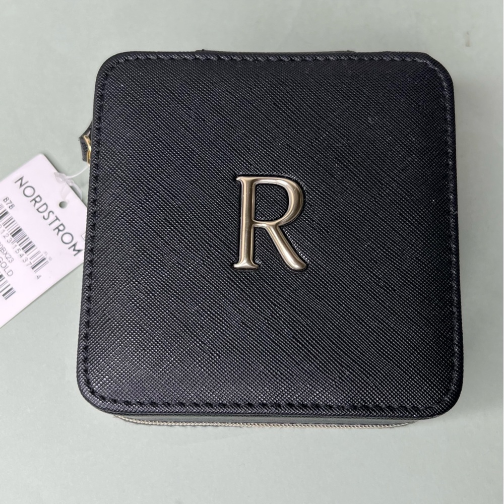 Nordstrom Initial Travel Jewelry Box “R” in black/ gold NWT